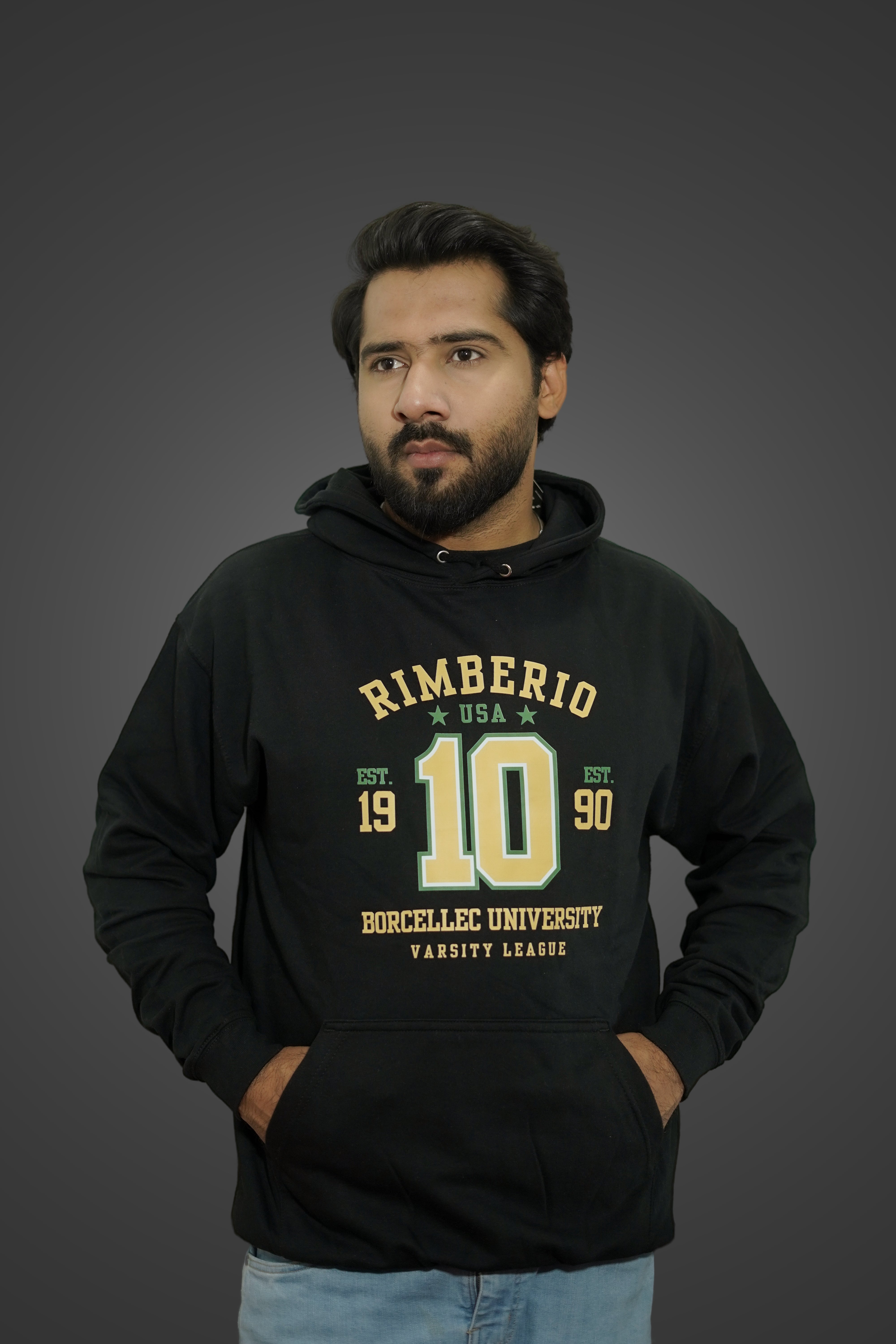 Black Varsity “Rimberio 10” Hoodie – Classic College Style